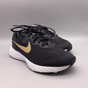 Nike Running Shoes Youth Size 6.5 Black Gold Mesh Sneakers DN8207-002